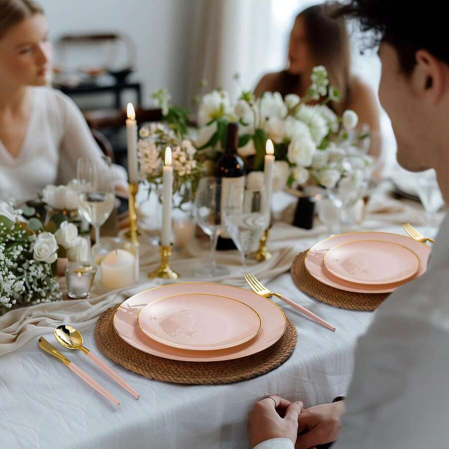 1pc Pink Single Gold Rim Dinnerware, Food Tray, Fruit Salad Plate, Dinner Plate, Reusable Washable Salad Tableware, Suitable For Wedding Decor, Christmas Decor, Birthday Party, Family Gathering, Outdoor Team Building, School, Restaurant And Kitchen Party Supplies, Household & School Seasonal Gift - Pink - View 1