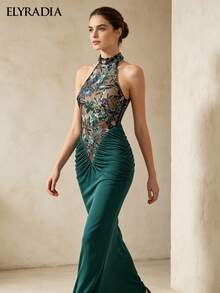 ELYRADIA Elegant Long Green Party Dress, Halter Neck Embroidered Spliced Ruched Slim Fit Wedding Guest Gown, Luxury Wedding Evening Dres - Green - View 3