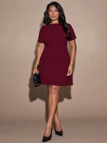 Vestido negro de manga corta y corte evasé para mujer talla grande, vestido elegante para oficina, primavera/verano - Burdeos - Ver 3