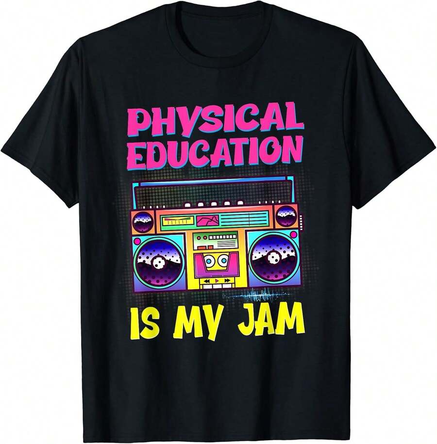 Camiseta gráfica retro boombox de los 80 con texto color neón y manga corta - Negro - Ver 1