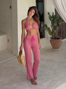 3 piezas Conjunto de bikini de punto a rayas sexy - Top triangular + Calzoncillos de cintura baja + Pantalones de pierna ancha con tirantes ajustables| Traje de baño de vacaciones de playa retro para el verano - Rosa Fucsia - Ver 1