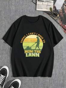 T-shirt graphique humoristique pour ho mm e, motif tonte de pelouse, printemps, tissu de qualité, col rond, coupe décontractée, confortable et casual - Noir - Voir 1