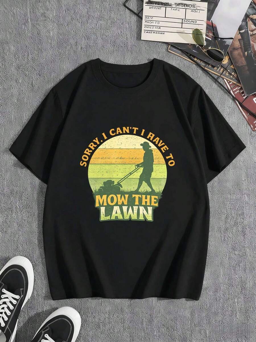 T-shirt graphique humoristique pour ho mm e, motif tonte de pelouse, printemps, tissu de qualité, col rond, coupe décontractée, confortable et casual - Noir - Voir 1