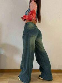 Quần jeans ống rộng kiểu ombre cho nữ tuổi teen, dáng rộng thoải mái, ôm sát, kiểu quần lê dài. - Rửa trung bình - Xem 2