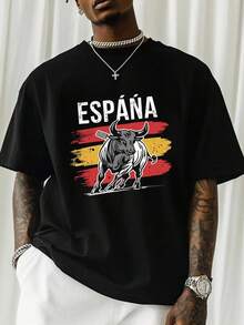 Eye-Catching Spain Graphic Tee, Featuring A Dynamic Illustration Of A Bull And ESPANA Lettering In White With Red And Yellow Stripes, A Modern Oversized Style, Perfect For A Casual Look. - 黑色 - 查看 1