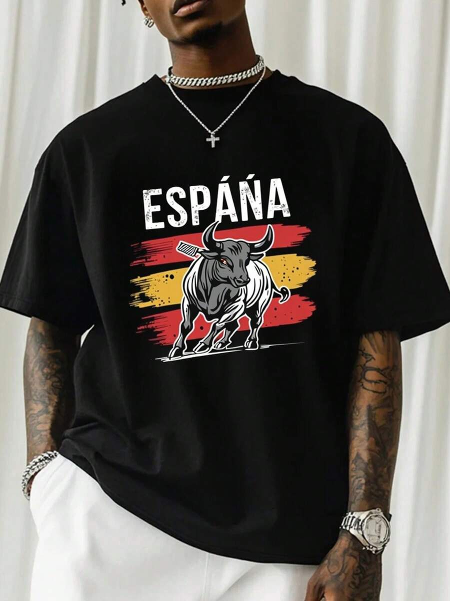 Eye-Catching Spain Graphic Tee, Featuring A Dynamic Illustration Of A Bull And ESPANA Lettering In White With Red And Yellow Stripes, A Modern Oversized Style, Perfect For A Casual Look. - 黑色 - 查看 1