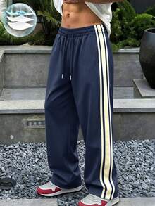 1pc Men's Loose Fit Casual Sports Pants, Suitable For Summer Beach, Vacation, Daily Commute, Outdoor, Fitness, Jogging, Loose Straight Leg Striped Trousers, Fashionable Street Style For Summer Spring - Royal Blue - View 2