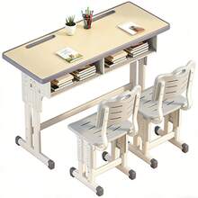 Escritorio Y Silla Para Niños Dos Personas De Altura Ajustable 120cm,color Madera Natural La Altura Puede Subir Y Bajar - A - Ver 8