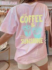 Tropicoqueta Outfits"Iced Coffee & Sunshine" Orange Cup Print T-Shirt |    Clothes Women, Loose Fit, Summer Tops, Spring Vibes, Cozy Aesthetic TeeLoose And Comfortablegoing Out Outfits - 珊瑚橙 - 查看 8