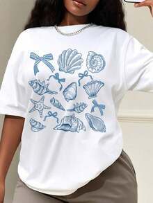 Mens Clothes;Summer TopsEveryday Plus Size Style, Aesthetic Seashell Shirt, Vintage Coastal T-Shirt With Bow & Starfish Graphic, Summer Vacation Gift, Retro Summer Shirt, Beach Shirt, Coquette Bow Shirt, Coquette SeaShell Shirt,Made To Highlight Curves In A Smooth, Comfortable, And Confidence-Boosting Waysummer Outfits - 白色 - 查看 5