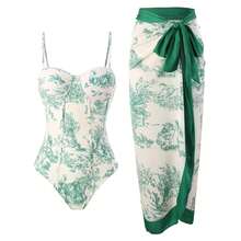 Elegant Boho Women's One-Piece Swimsuit Toile Pattern Corset Style Bathing Suit, Spaghetti Strap, Slight Stretch Fabric - Svart solobadräkt - Visa 5