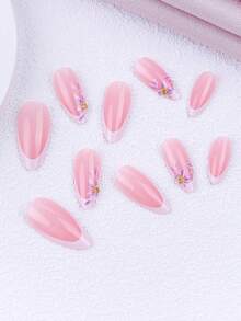 24pcs Medium Almond Shaped Floral Pattern Solid Color Rhinestone Nail Stickers, Full Coverage Design, Press-On Fake Nails, Suitable For Women & Girls Daily, Date, Office, Home, Party Occasions In Summer - Multicolor - View 5