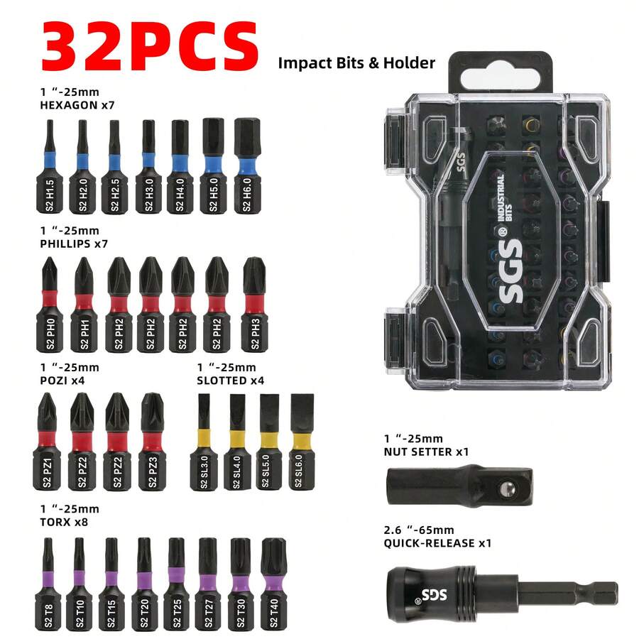32 Stück S2 Stahl Schlagschraubendreher Bit Set in schwarzer Box, mit farblich codierten Bohrerbits - HEX, PH, PZ, SL und Torx Bits, Verlängerungsstangen, geeignet für Heimwerkerarbeiten, Möbelmontage, Kfz-Wartung und professionelle Arbeiten