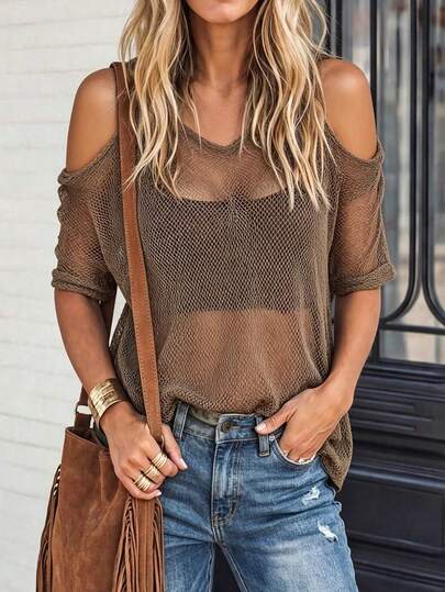 Blusa de punto con escote en V, hombros descubiertos y diseño hueco, ajuste ceñido, tirantes de espagueti, para mujer. Estilo sexy, casual, elegante y lujoso para festivales, club, vacaciones, playa, cumpleaños. Primavera, verano, otoño.