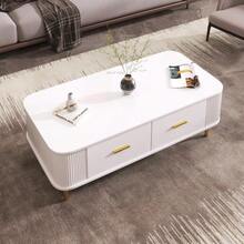 Coffee Table With Drawers, Curved Corners, Living Room Table With Wavy Sides, Gold Handles And Legs, Side Table - White - 查看 2