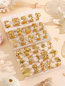 1/3/6/9/12 Pcs Stainless Steel Summer Beach Vacation Style Ocean Element Starfish Shell Textured Open Rings, Suitable For Women's Daily Beach Vacation Wear (Random Style) - Gold - View 1