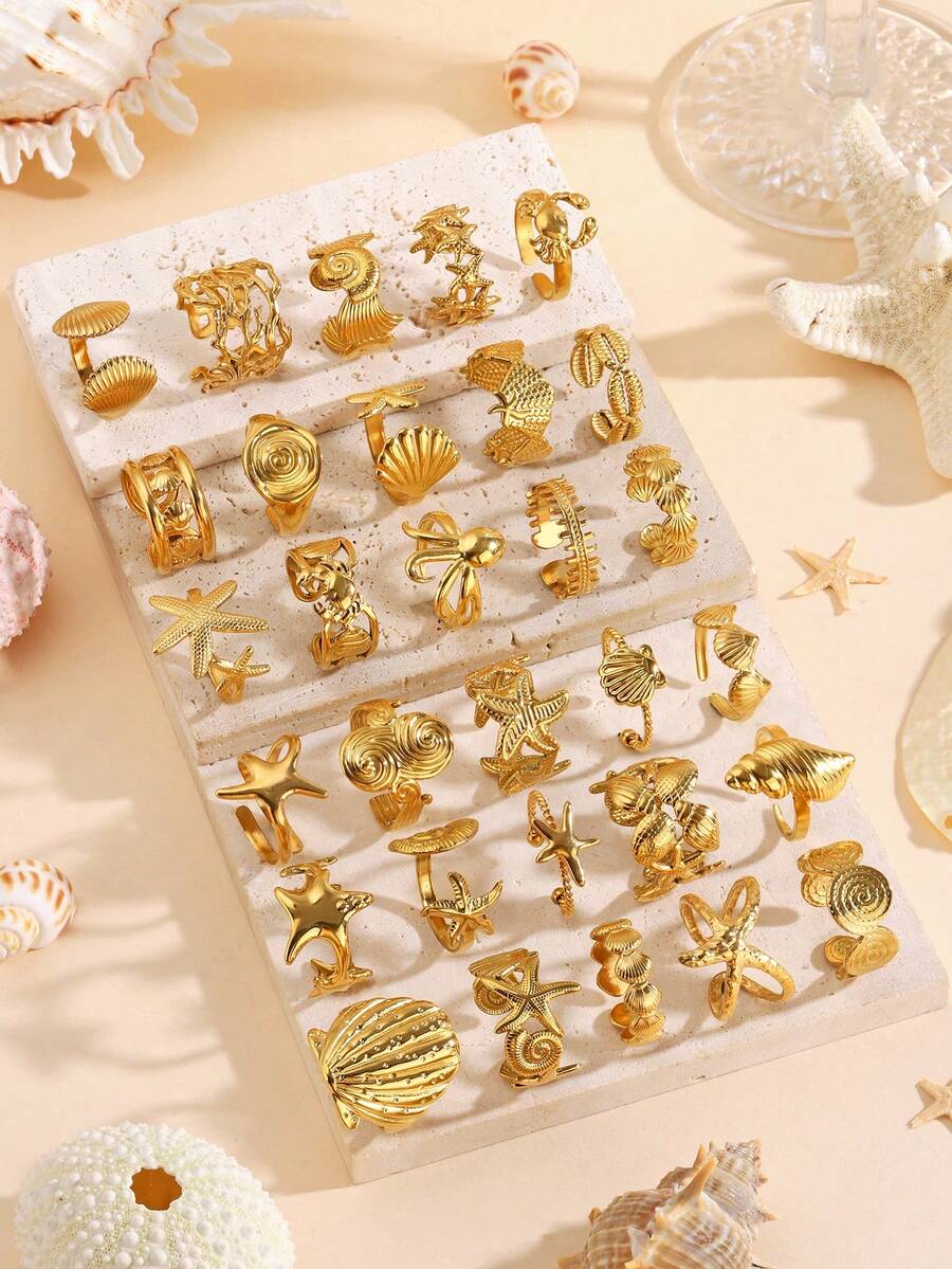 1/3/6/9/12 Pcs Stainless Steel Summer Beach Vacation Style Ocean Element Starfish Shell Textured Open Rings, Suitable For Women's Daily Beach Vacation Wear (Random Style) - Gold - View 1