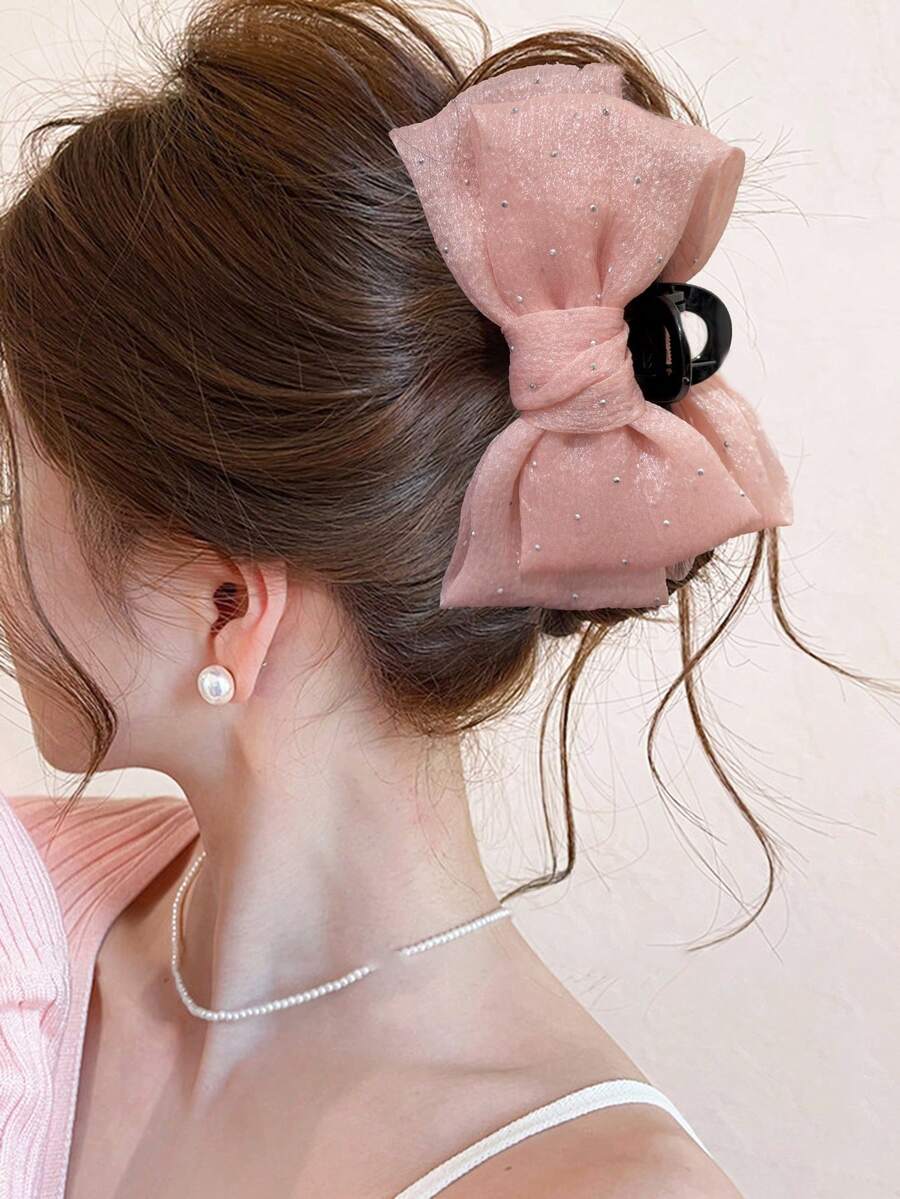 1件女款純色布料網紗水鑽蝴蝶結大號髮夾 雙層蝴蝶結大號髮夾 日常/約會/通勤百搭髮飾 - 粉色 - 查看 1