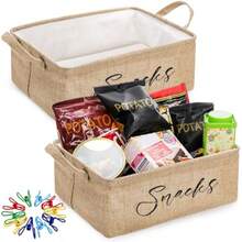 DEAYOU - Paquete de 2 organizadores de aperitivos para despensa, contenedores de almacenamiento de botanas de arpillera con 30 clips para bolsas, contenedores plegables con asa para encimera, cocina - Caqui - Ver 9