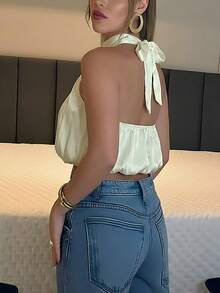 女士优雅白色缎面吊带无袖高领泡泡袖休闲衬衫，适合夏季穿着 - 杏色 - 查看 3