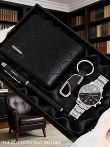 4 PIEZAS Reloj de cuarzo minimalista para hombres de negocios, Juego de accesorios de negocios para hombres, que incluye Reloj de cuarzo de acero para hombres, Cartera con estampado de piel de litchi, Llavero para hombres, Bolígrafo neutro de negocios. - Plateado - Ver 6