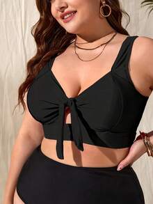 Plus Size Deep V Neck Sleeveless Bow Front Bikini Top Elegant High Stretch Swimsuit Top Casual Backless Lace Up Bathing Suit - 黑色 - 查看 1