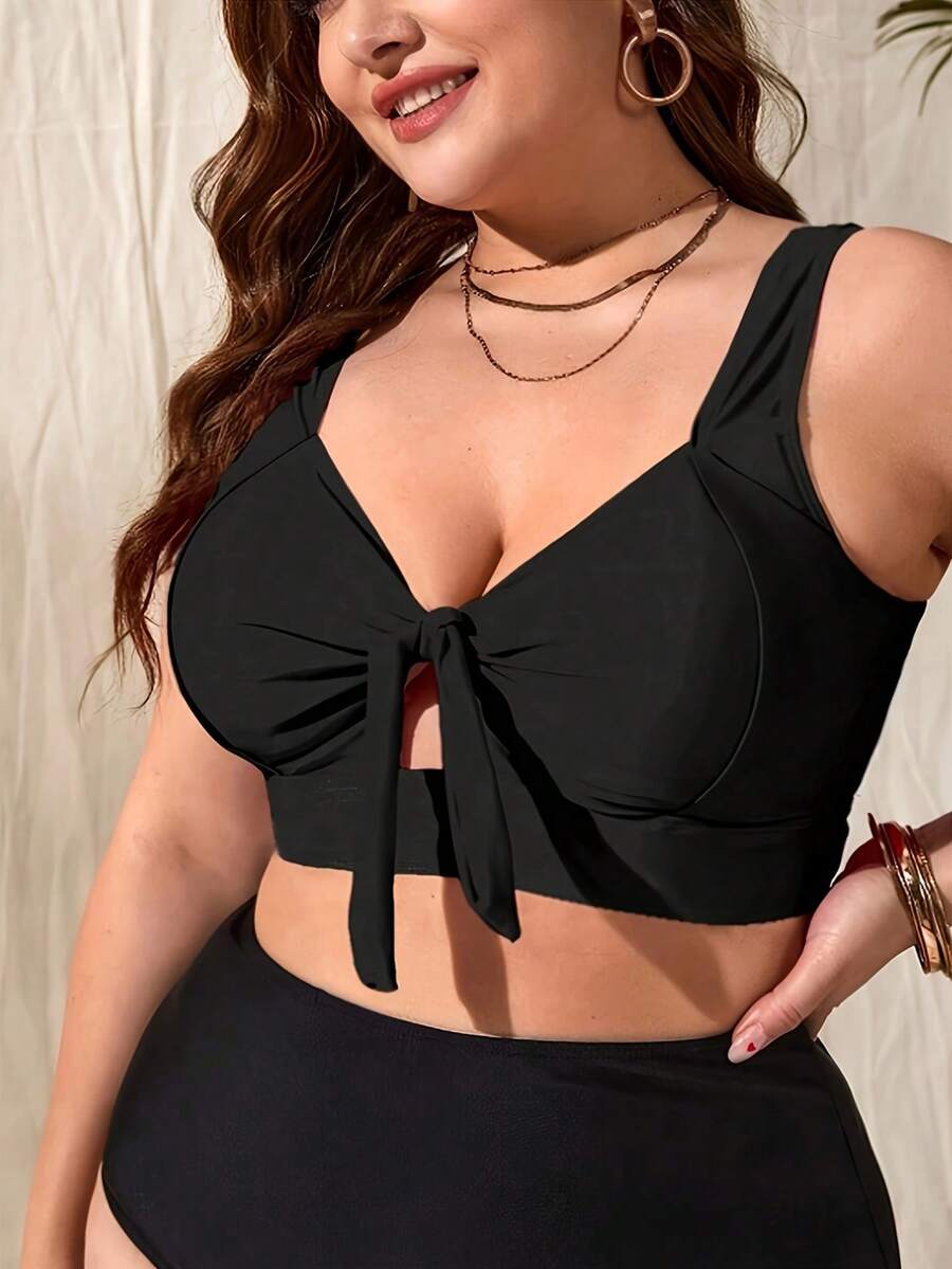 Plus Size Deep V Neck Sleeveless Bow Front Bikini Top Elegant High Stretch Swimsuit Top Casual Backless Lace Up Bathing Suit - 黑色 - 查看 1