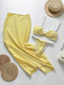 Conjunto de 3 piezas de bikini sexy para mujer, conjunto de bikini bandeau amarillo brillante con vestido de cubierta, adecuado para vacaciones, Pascua, atuendo de festival, salidas, citas, toda la ropa de mujer, vacaciones de otoño y verano - Amarillo - Ver 2