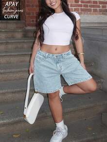 Plus Size Women's Solid Color Bermuda Denim Shorts Casual Summer - Snowflake - View 7