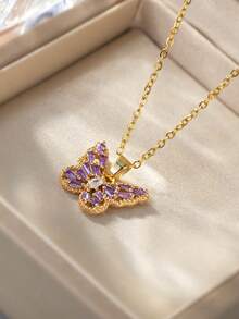 Women's Colorful Zirconia Butterfly Pendant Necklace, Multi-Color Options, Luxury Rhinestone Butterfly Necklace, Titanium Steel Non-Fading Minimalist Versatile Women Pendant - Gold - View 5