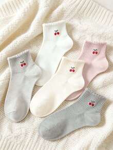 1/5 Pairs Women Cute Sweet Breathable Cherry Pattern Ankle Socks, Suitable For Daily Casual Wear, Spring/Summer, Gift - Multicolor - View 5