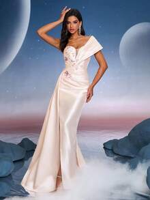 Women's Elegant Waist-Cinched Sequin Floral Print Slit Design Party Dress - Champagne - View 6
