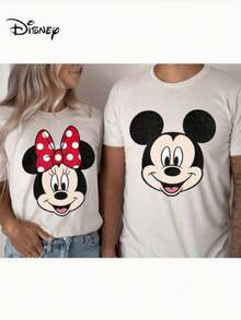 Disney Mickey Minnie Couples T-Shirt | Hand-Painted Love Color Sweet Cartoon Print, Unisex, Machine Washable, Spring And Summer Essential, Fashion Tops For Gifts - 女士T卹 - 查看 1