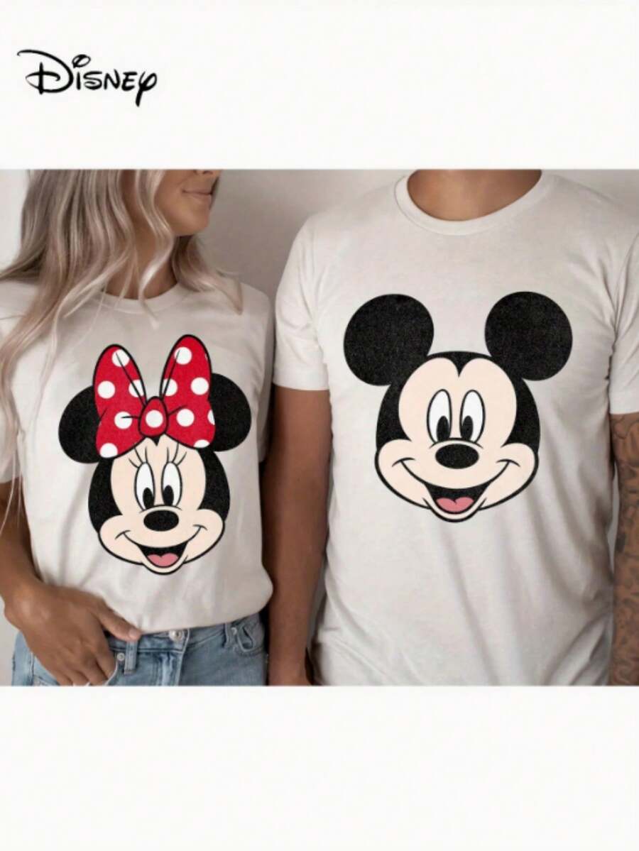 Disney Mickey Minnie Couples T-Shirt | Hand-Painted Love Color Sweet Cartoon Print, Unisex, Machine Washable, Spring And Summer Essential, Fashion Tops For Gifts - 女士T卹 - 查看 1