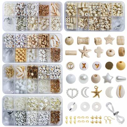 Bộ 5 hạt cườm cơ bản tông màu sáng, hạt cườm nhiều hình dạng hỗn hợp dùng để làm đồ trang trí thủ công hàng ngày.