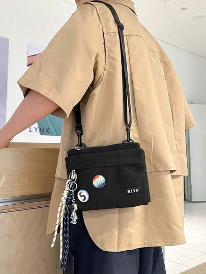 Niche Design Badge Decor Sling Bag, Lightweight Shoulder Bag, Versatile Mini Square Bag For Commuting & Sports