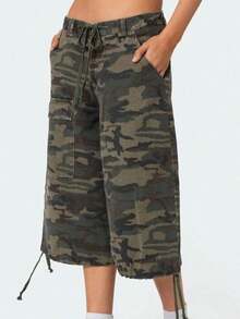 Women Summer Cargo Shorts Casual Camouflage Print Loose Drawstring Short Pants Club Streetwear - Army Green - View 4