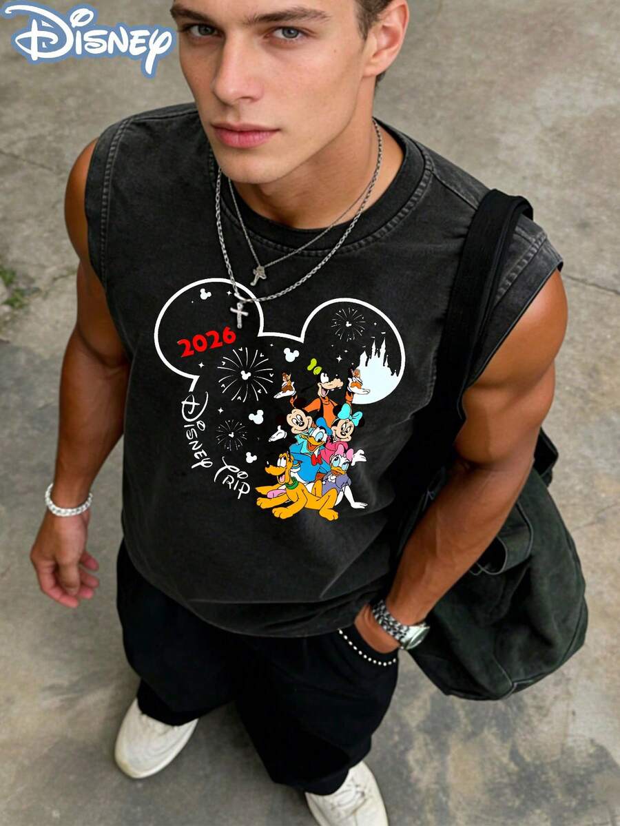Disney Trip 2026 Washed Sleeveless Tank Top, Mickey & Friends Castle Firework Graphic Tee, Vintage Oversized Casual Muscle Shirt, Perfect For Theme Park Trips & Fans - màu đen - Xem 1