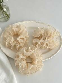1pc Champagne Chiffon Ruffle Scrunchie, Elegant Waist Design Hair Tie, New Arrival For Women Ponytail Elastics Rubber Bands - Multicolor - View 2