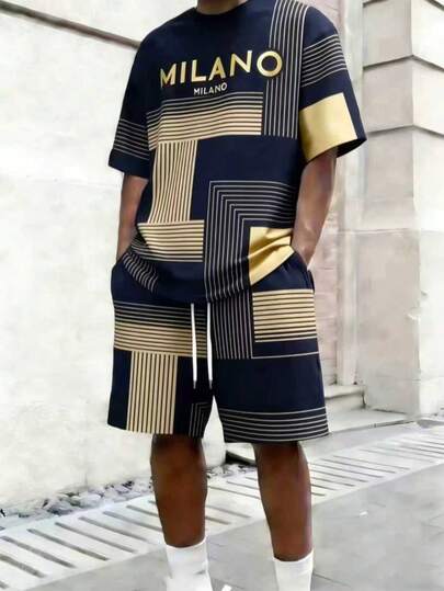 2pcs/Set Men's Fashion Casual Suit, Loose Short Sleeve T-Shirt & Shorts, 3D Print Adult Outfit Suitable For Daily Street Wear, Spring/Summer