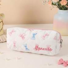 1PC Personalized Name Cute Bow Makeup Bag Aesthetic Custom Cosmetic Pouch For Girls Women Big Capacity Organizer Portable For Travel Daily Use Gift - Pink - View 11
