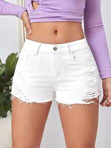 Pantalones cortos de mezclilla para mujer con bolsillos y bajo deshilachado - Blanco - Ver 6