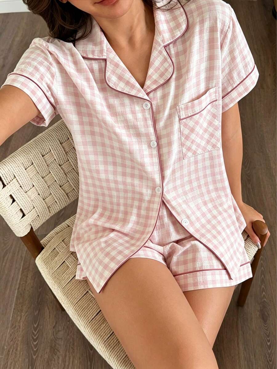 2pcs Comfortable Plaid Print Pajama Set, Short Sleeve Collared Top With Pocket And Bow Shorts, Women Sleepwear Homewear For All Seasons - Pink - View 1