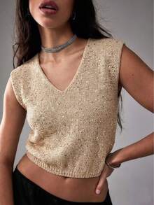 Women's Loose V-Neck Batwing Sleeve Short Casual Beaded Knit Vest Top, Versatile For Work, Date, Party, Shopping, Apricot, Spring/Summer - Apricot - View 4