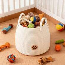 Pets Storage Basket Cat Dog Toys Basket Large Woven Rope Laundry Basket With Handle, Home Decor Storage Hamper For Blanket, Towels, Clothes, Pet Accessories - Gray-footprints - View 4