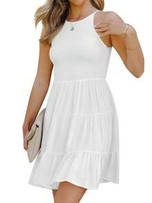 Women's Casual Dress, Round Neck Sleeveless Solid Color Pullover Ruched A-Line Mini Dresses - White - View 2