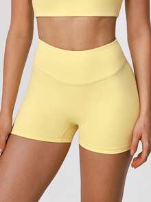 Women's Seamless Casual Butt-Lifting Solid Color Yoga Running Sports Shorts - Yellow - View 7