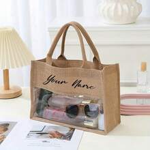 1pc Custom Tote Bag, Linen Material, Semi-Transparent Storage Handbag, Personalized Purse, Beach Bag. Customized Bridesmaid Tote Bag, Proposal Tote Bag Made Of Jute And PVC, Bridesmaid Gift Bag, Letter Tote Bag, Bachelorette Party Gift Bag, Beach Tote Bag, Suitable For Weddings, Travel, Father's Day, Mother's Day, Graduation Gifts, Etc. Suitable As A Gift For Women, Mothers, Wives And Friends, Portable, Multifunctional And Practical - Multicolor - View 4