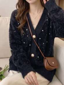 Stylish Fur Trim Rhinestone Embellished Cardigan, Suitable For Autumn/Winter Black - Black - View 9