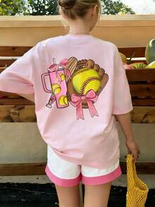 [Back To School Season]Tween Girl 1pc Softball Water Bottle Bow Sports Print Pullover Short Sleeve T-Shirt, Student Youth Children's Summer Clothing Top - Pink - View 2